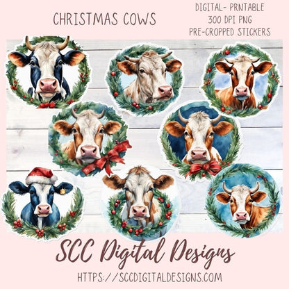 Christmas Cows Stickers for Digital or Paper Planners, Scrapbooking, Black and White Cow Pre-Cropped Clipart Printable Stickers for Women & Junk Journals