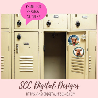 Christmas Highland Cows Stickers for Digital or Paper Planners, Digital Scrapbooking, Christmas Art for Crafts & Decor, Digital Scrapbooking, Pre-Cropped Clipart Printable Stickers  & Junk Journals