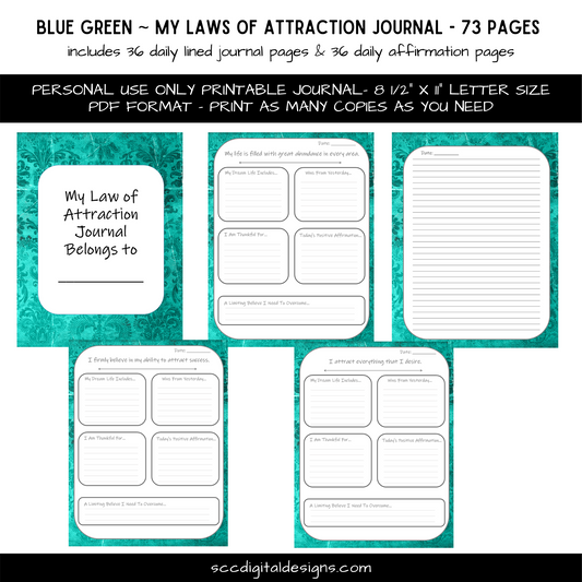 Blue Green Paisley My Laws of Attraction Journal - Daily Affirmations - Daily Journal Pages - Wins from Yesterday