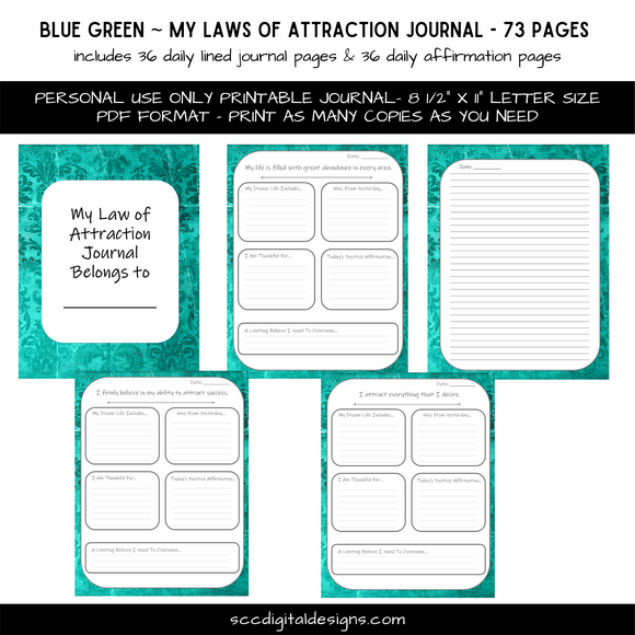 Blue Green Paisley My Laws of Attraction Journal - Daily Affirmations - Daily Journal Pages - Wins from Yesterday