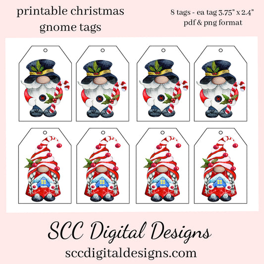 Printable Tags Christmas Gnomes - 8 Tags With 2 Images - Unique Hostess Gift Tag - Gnome for Holidays - Xmas Candy - Santa Hat Gnomies