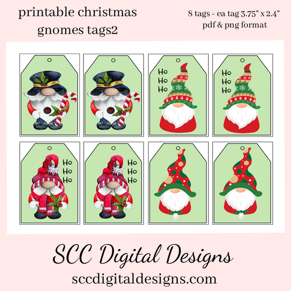 Printable Tags Christmas Gnomes 2 - 8 Tags With 4 Images - Unique Hostess Gift Tag - Gnome for Holidays - Xmas Candy - Santa Hat Gnomies