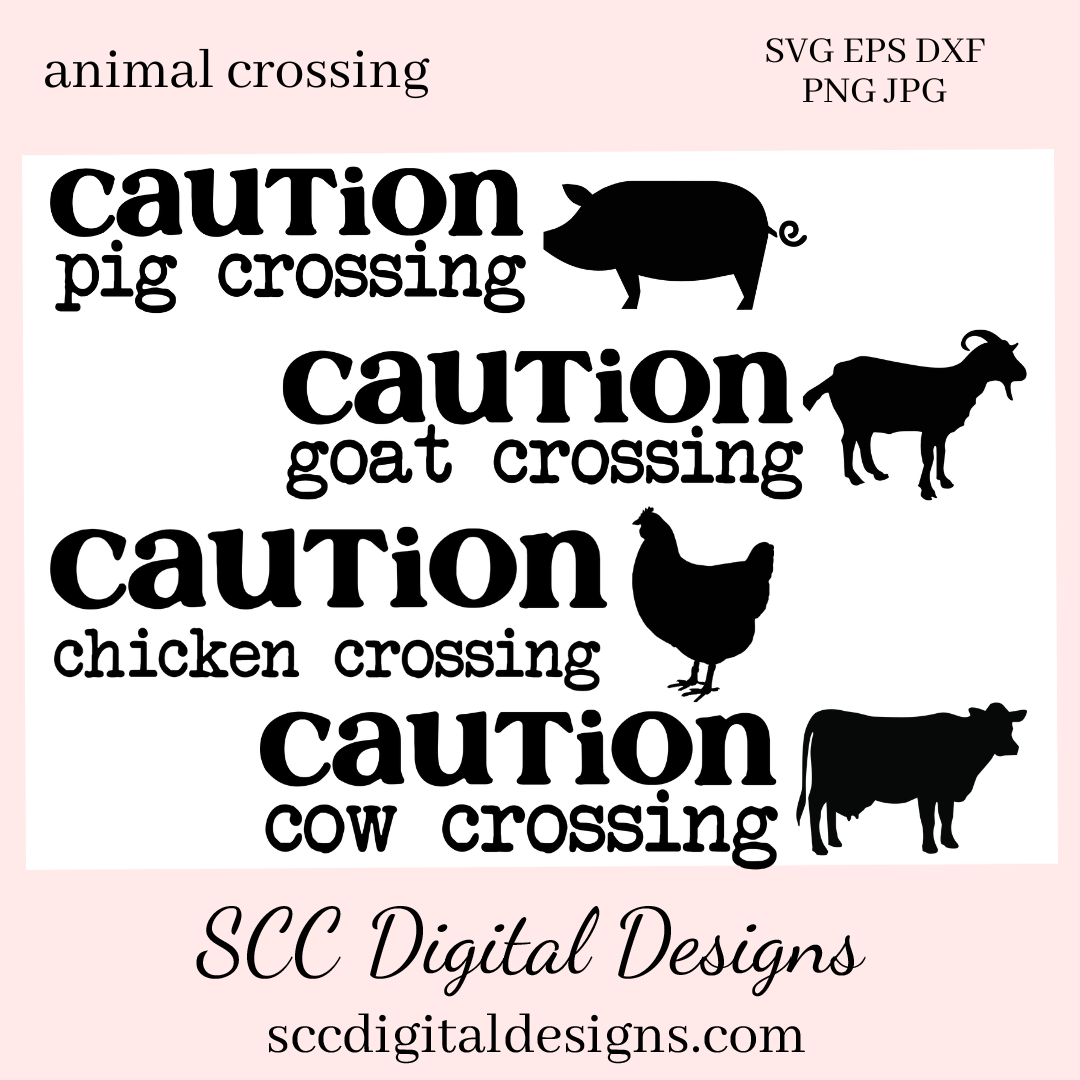 Animal SVG Bundle, Caution Pig Crossing, Chicken, Cow, Goat, Farmhouse Decor, DIY Gift for Her, Instant Download, Commercial Use Art