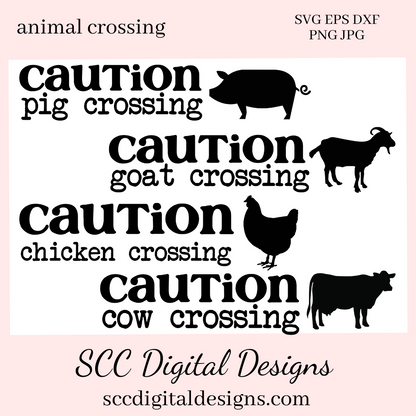 Animal SVG Bundle, Caution Pig Crossing, Chicken, Cow, Goat, Farmhouse Decor, DIY Gift for Her, Instant Download, Commercial Use Art