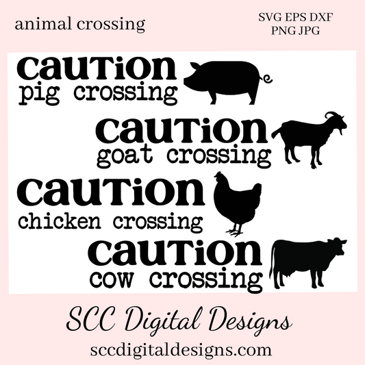 Animal SVG Bundle, Caution Pig Crossing, Chicken, Cow, Goat, Farmhouse Decor, DIY Gift for Her, Instant Download, Commercial Use Art