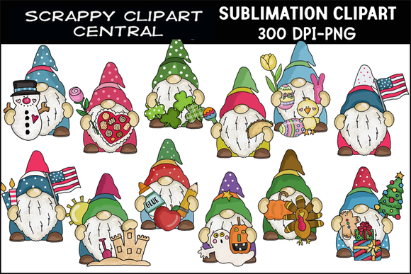 a year of gnomes sublimation clipart, winter, valentines, easter, 4th of july, summer, school, halloween, thanksviging, christmas