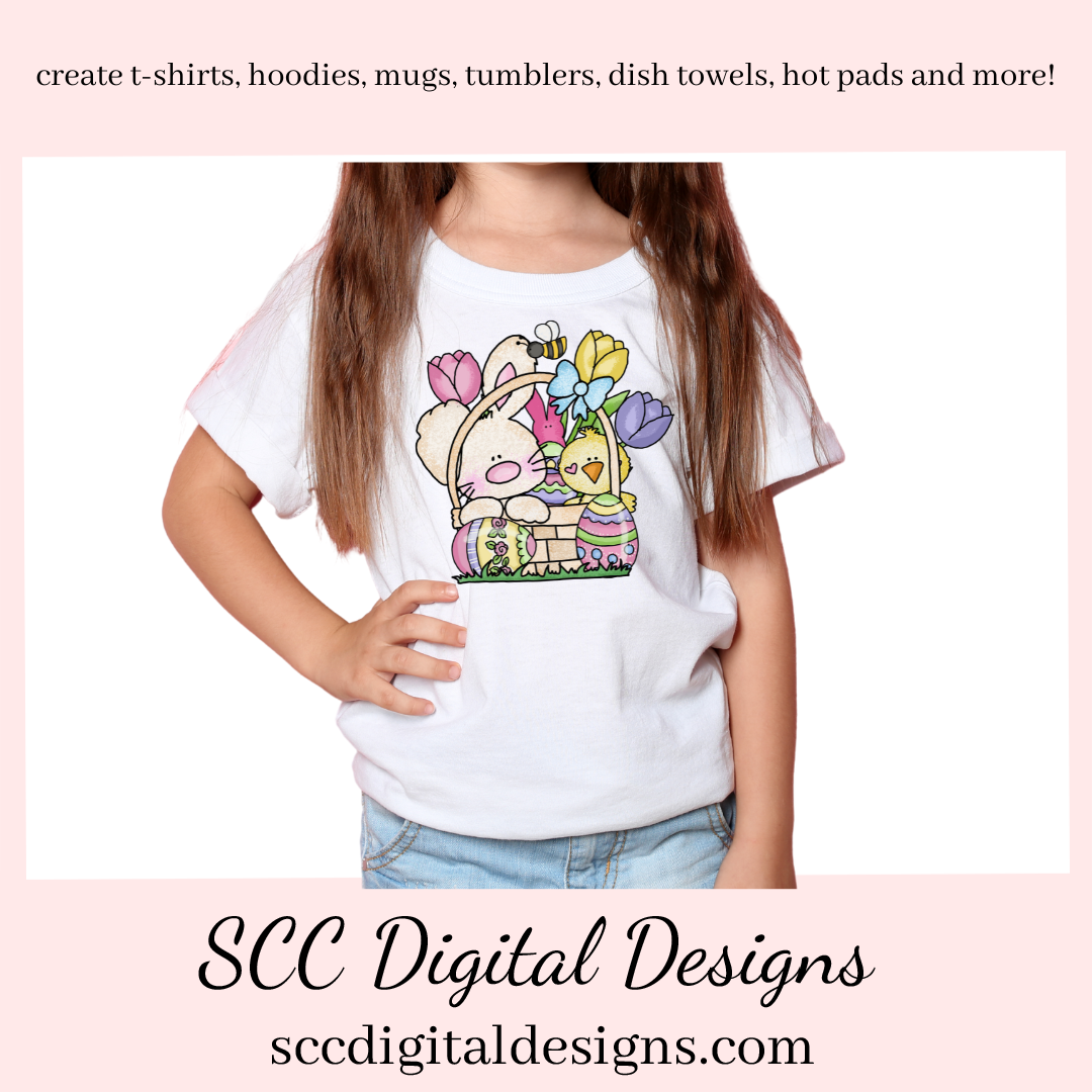 Easter Bunny PNG, Sublimation Clipart, Commercial Use Art, DIY Gift for Her, Clip Art for Kids, Easter Basket, Colored Eggs, Chick, Spring Flowers, Rabbit PNG, Designs for Shirts, Design for Tumblers, Scrapbook Elements