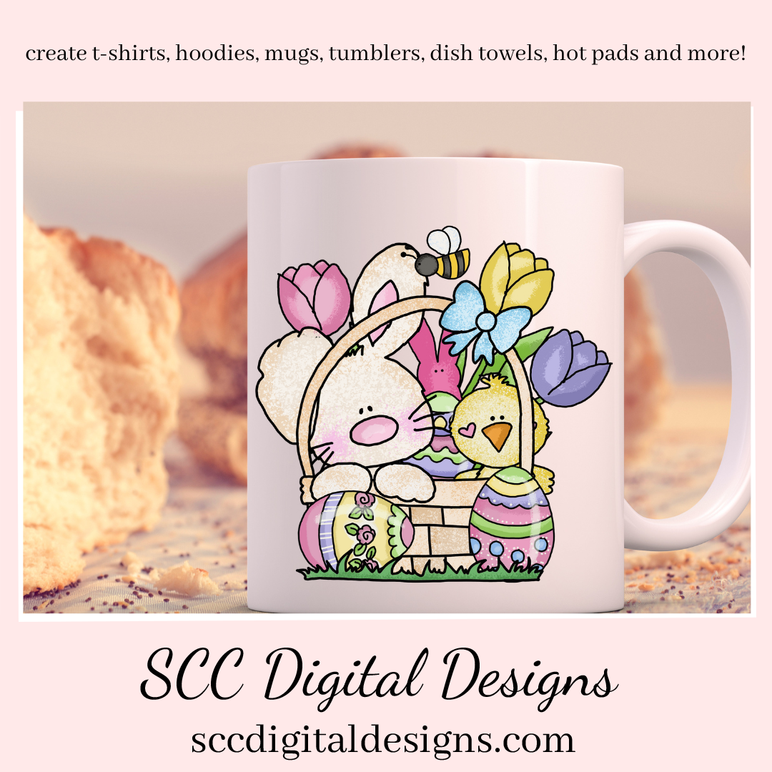 Easter Bunny PNG, Sublimation Clipart, Commercial Use Art, DIY Gift for Her, Clip Art for Kids, Easter Basket, Colored Eggs, Chick, Spring Flowers, Rabbit PNG, Designs for Shirts, Design for Tumblers, Scrapbook Elements