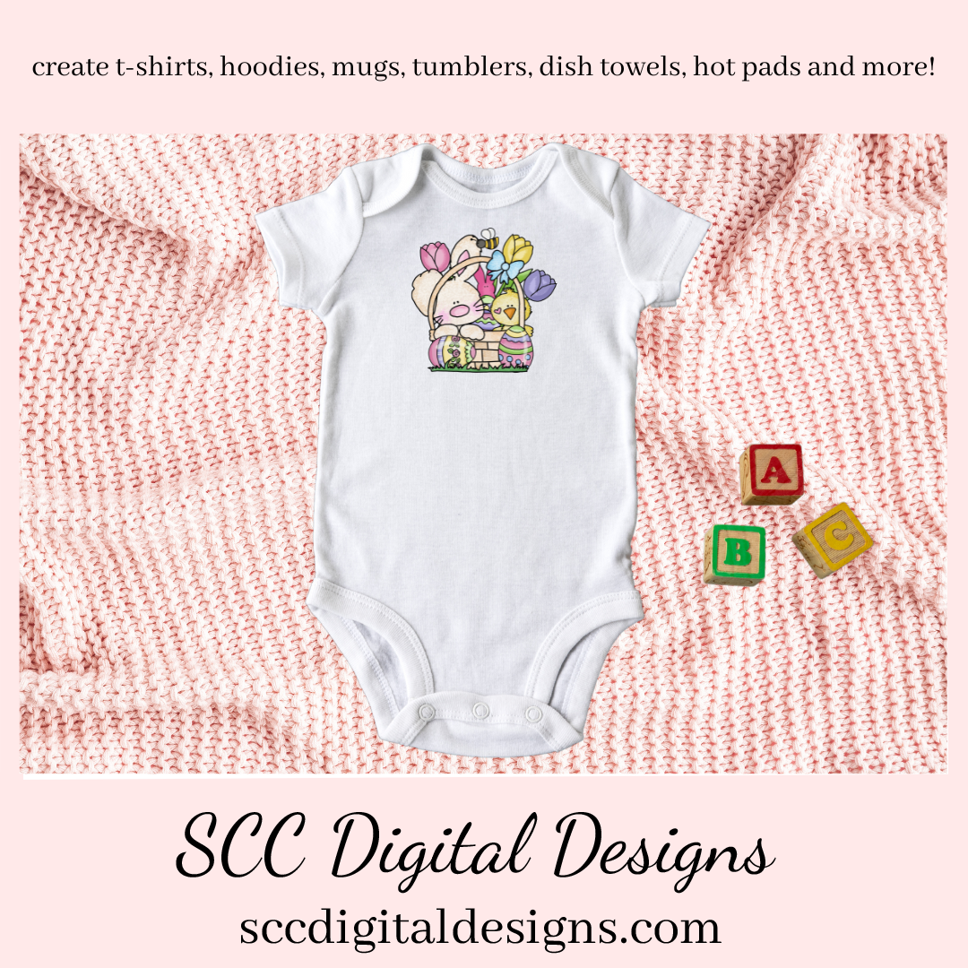 Easter Bunny PNG, Sublimation Clipart, Commercial Use Art, DIY Gift for Her, Clip Art for Kids, Easter Basket, Colored Eggs, Chick, Spring Flowers, Rabbit PNG, Designs for Shirts, Design for Tumblers, Scrapbook Elements