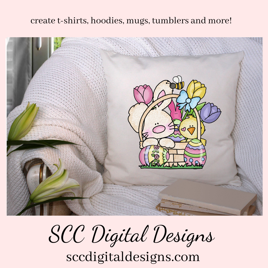 Easter Bunny PNG, Sublimation Clipart, Commercial Use Art, DIY Gift for Her, Clip Art for Kids, Easter Basket, Colored Eggs, Chick, Spring Flowers, Rabbit PNG, Designs for Shirts, Design for Tumblers, Scrapbook Elements