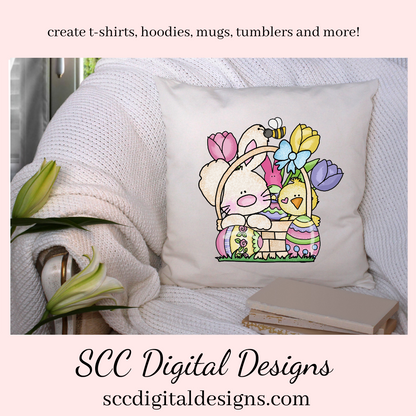 Easter Bunny PNG, Sublimation Clipart, Commercial Use Art, DIY Gift for Her, Clip Art for Kids, Easter Basket, Colored Eggs, Chick, Spring Flowers, Rabbit PNG, Designs for Shirts, Design for Tumblers, Scrapbook Elements