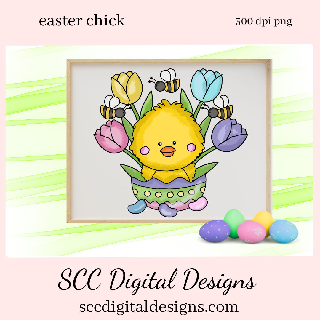 Our Easter chick with tulips and bumble bees clipart is great to create holiday home decor, coffee mugs, spring flowers png for tumblers, and stickers, clip art for kids t-shirts & hoodies for kids, and so much more! Clipart for Stickers, DIY Gift for Her, Chick, Instant Download, DIY Easter Gifts, Easter Designs, Spring Clipart png