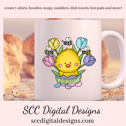 Our Easter chick with tulips and bumble bees clipart is great to create holiday home decor, coffee mugs, spring flowers png for tumblers, and stickers, clip art for kids t-shirts & hoodies for kids, and so much more! Clipart for Stickers, DIY Gift for Her, Chick, Instant Download, DIY Easter Gifts, Easter Designs, Spring Clipart png