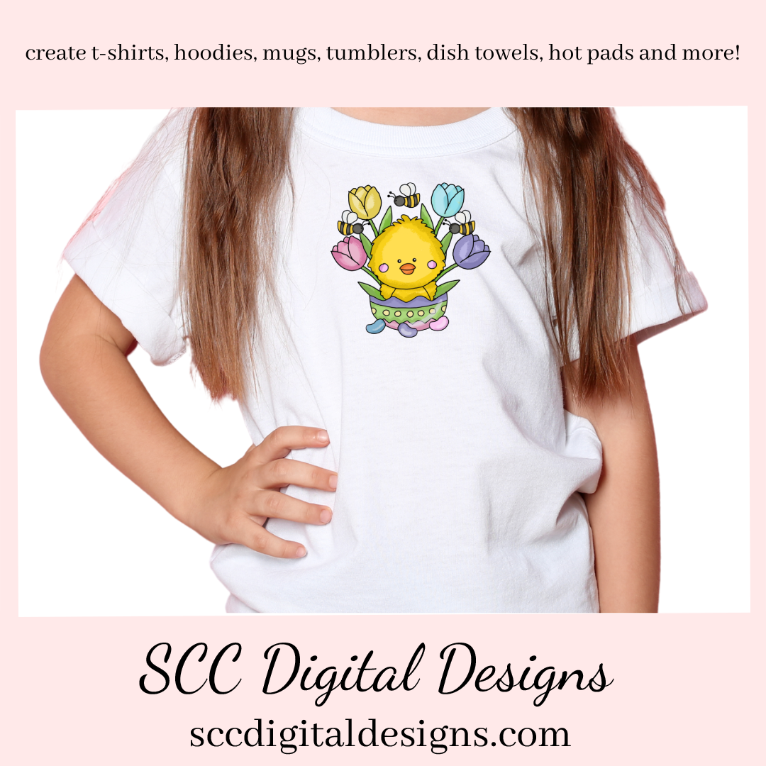 Our Easter chick with tulips and bumble bees clipart is great to create holiday home decor, coffee mugs, spring flowers png for tumblers, and stickers, clip art for kids t-shirts & hoodies for kids, and so much more! Clipart for Stickers, DIY Gift for Her, Chick, Instant Download, DIY Easter Gifts, Easter Designs, Spring Clipart png
