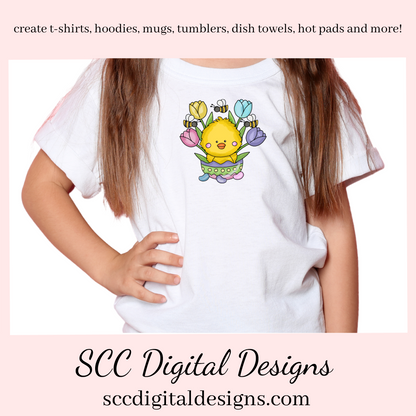 Our Easter chick with tulips and bumble bees clipart is great to create holiday home decor, coffee mugs, spring flowers png for tumblers, and stickers, clip art for kids t-shirts & hoodies for kids, and so much more! Clipart for Stickers, DIY Gift for Her, Chick, Instant Download, DIY Easter Gifts, Easter Designs, Spring Clipart png