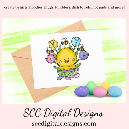 Our Easter chick with tulips and bumble bees clipart is great to create holiday home decor, coffee mugs, spring flowers png for tumblers, and stickers, clip art for kids t-shirts & hoodies for kids, and so much more! Clipart for Stickers, DIY Gift for Her, Chick, Instant Download, DIY Easter Gifts, Easter Designs, Spring Clipart png