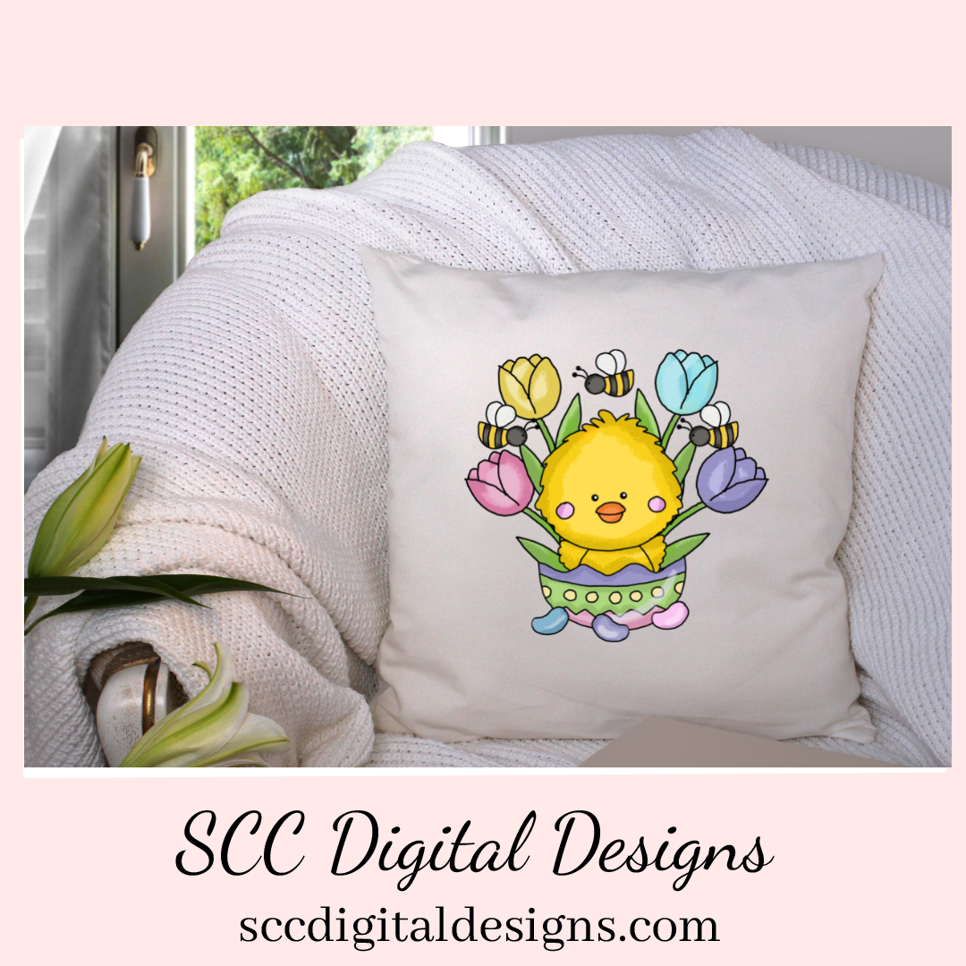 Our Easter chick with tulips and bumble bees clipart is great to create holiday home decor, coffee mugs, spring flowers png for tumblers, and stickers, clip art for kids t-shirts & hoodies for kids, and so much more! Clipart for Stickers, DIY Gift for Her, Chick, Instant Download, DIY Easter Gifts, Easter Designs, Spring Clipart png