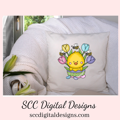 Our Easter chick with tulips and bumble bees clipart is great to create holiday home decor, coffee mugs, spring flowers png for tumblers, and stickers, clip art for kids t-shirts & hoodies for kids, and so much more! Clipart for Stickers, DIY Gift for Her, Chick, Instant Download, DIY Easter Gifts, Easter Designs, Spring Clipart png