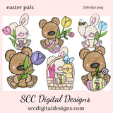 Easter Clipart PNG, Word Art, Easter Basket, Bear, Rabbit, Eggs, Spring Flowers, Clip Art for Kids, Clipart for Stickers, Commercial Use Art, Instant Download, PNG Files for Shirts, Wordart PNG, Pink Flowers, Bunny Rabbit, Chick