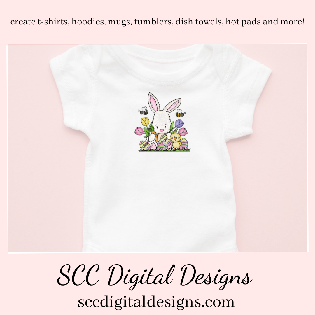 Our Easter Bunny Clipart is great to create holiday home decor, clip art to create tumblers and stickers & more. Our little rabbit png is adorable with colored eggs, spring tulips and a little chick would make adorable diy Easter gifts. Our clipart makes great diy gifts for her, is instant download after payment. Easter Designs, Commercial Use Art
