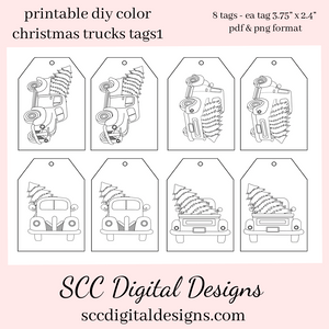 Printable Tags Vintage Pick Up Truck with Christmas Tree, Color Your Own Tags - 8 Tags With 4 Images - Coloring Hang Tag - Hostess Gift