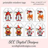 Printable Tags with Christmas Reindeer - 8 Tags With 4 Images - Unique Hostess Gift Tag - Gnome for Holidays - Santa Gnomes