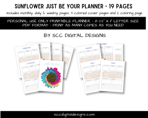 Sunflower Just Be You Planner - Adult Coloring Pages - Tie Died Sunflower Planner Cover Page